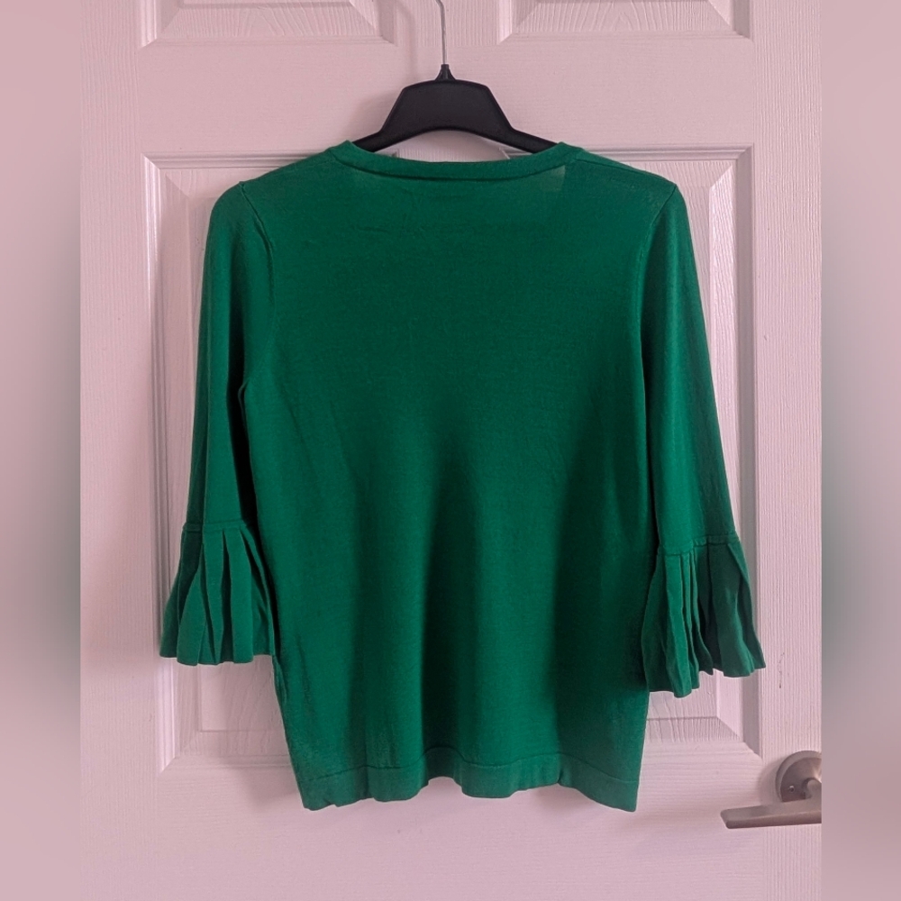 KAFFE Green V-Neck Knit Pullover Ruffle Bell Sleeve Sweater Sella Viscose Blend - Picture 3 of 7